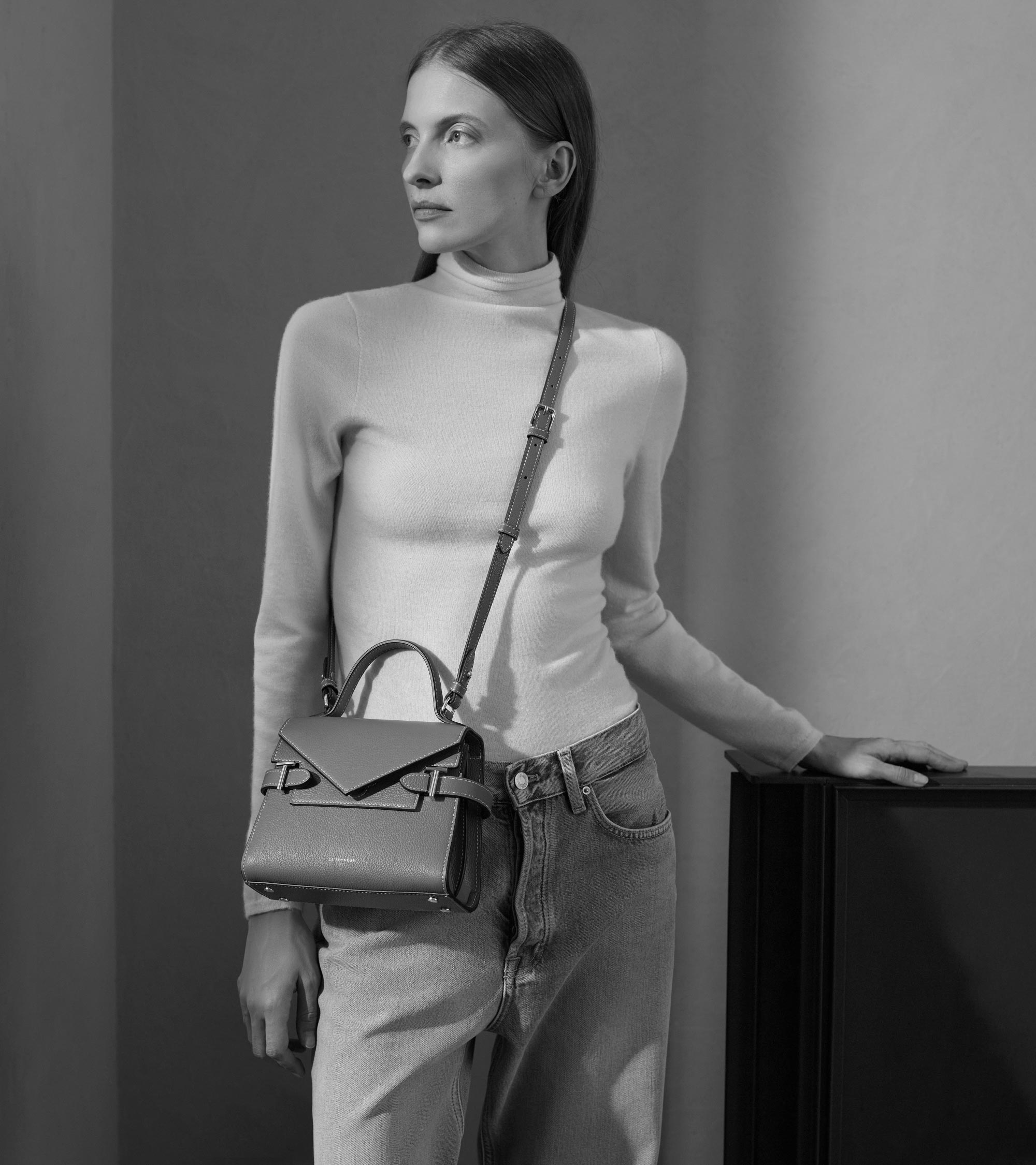 Emilie small grained leather double flap handbag