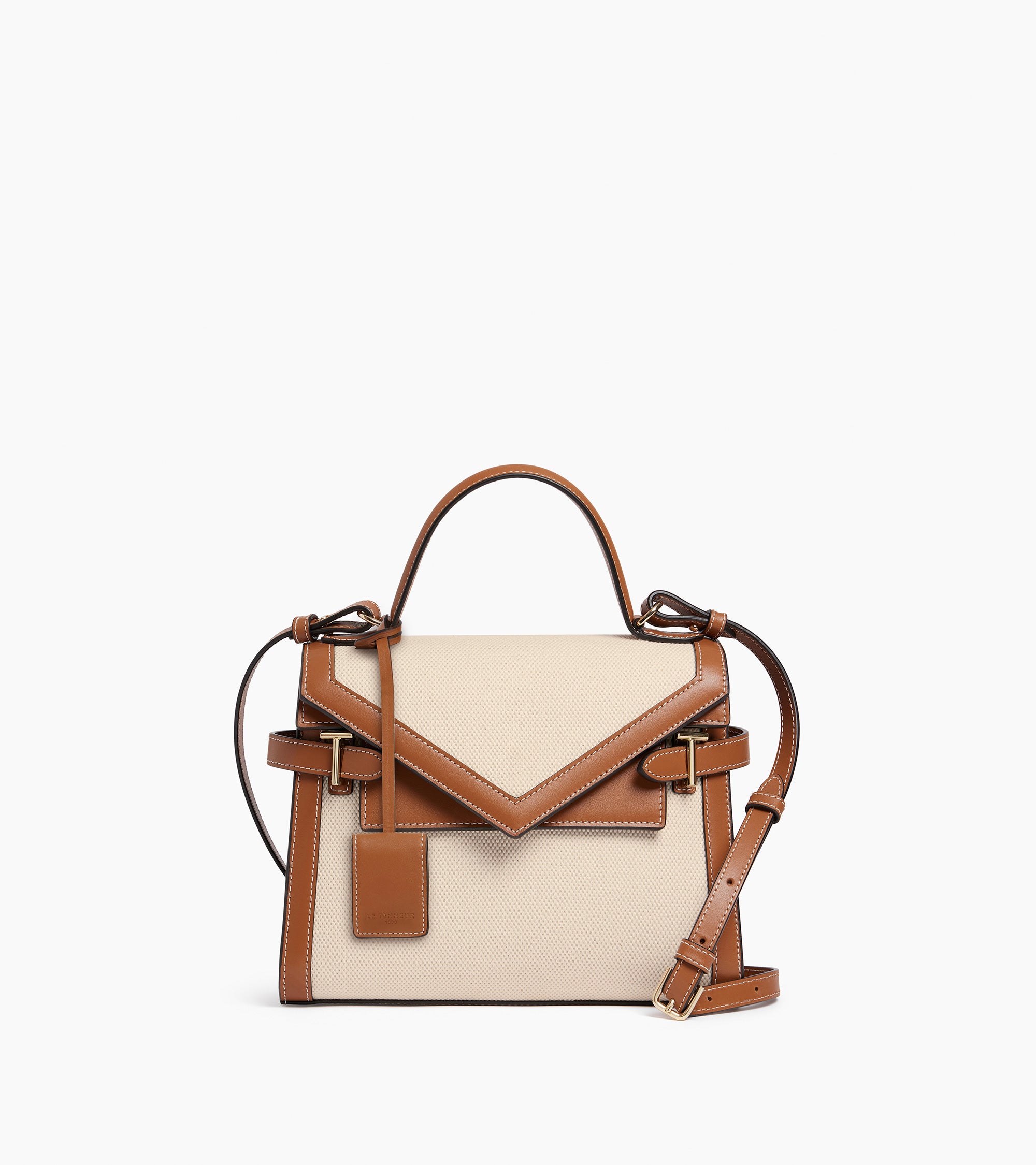 Emilie medium double flap handbag in cotton canvas and smooth leather