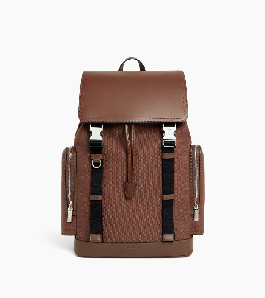 cotton canvas backpack leather Maurice backpack with flap in cotton canvas and smooth leather