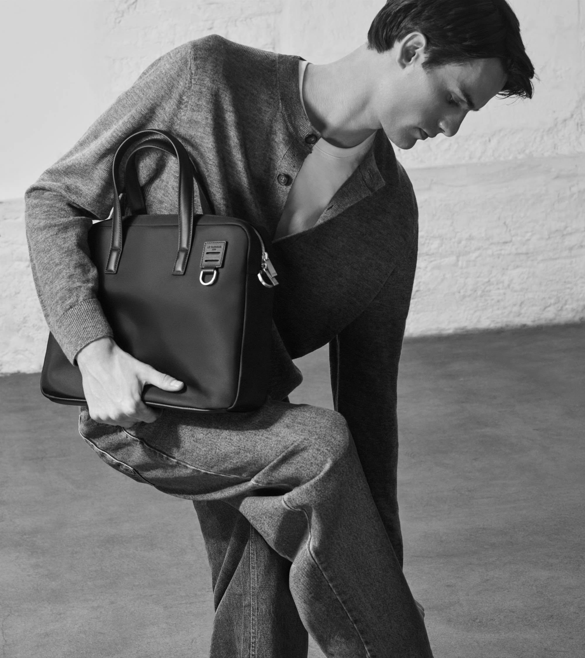 Basile 15" briefcase in nylon canvas and smooth leather