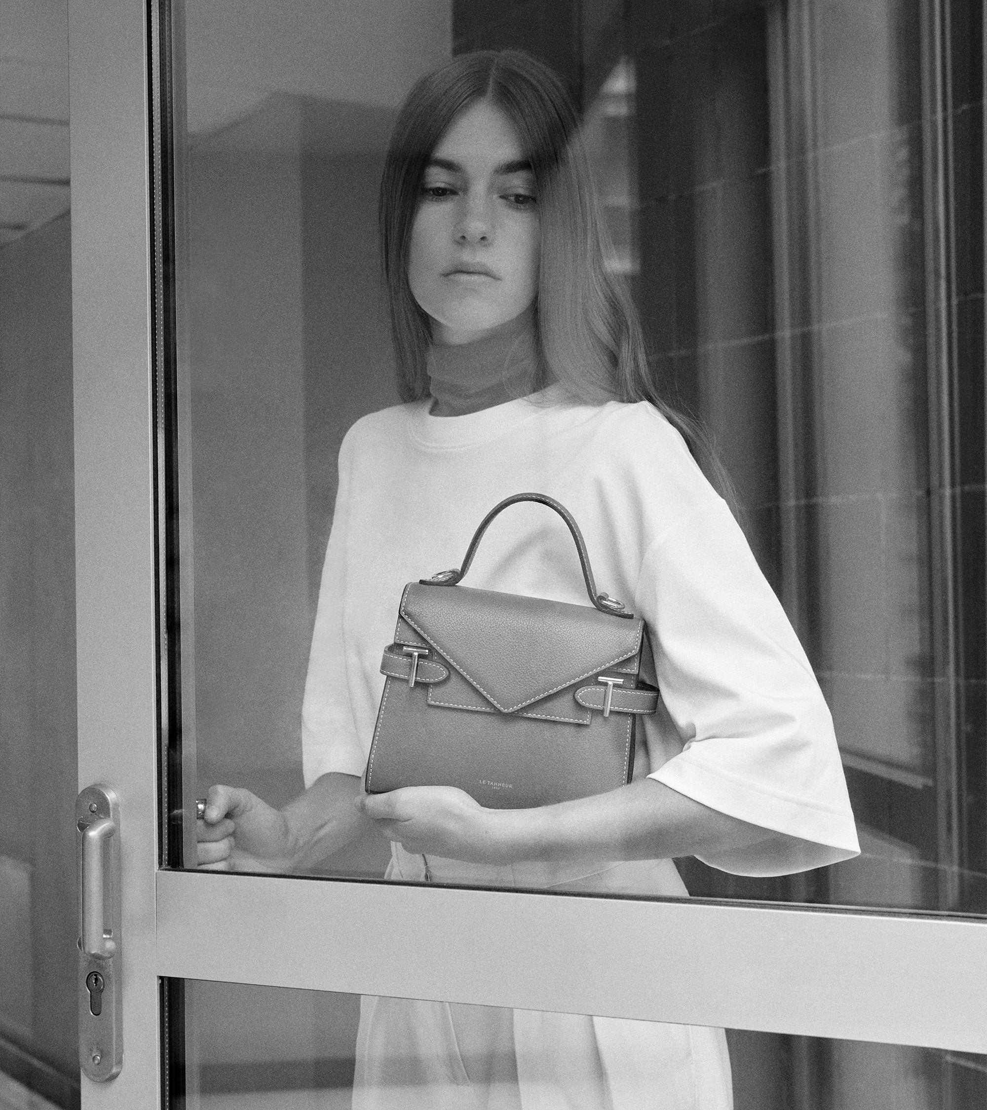 Emilie small grained leather double flap handbag