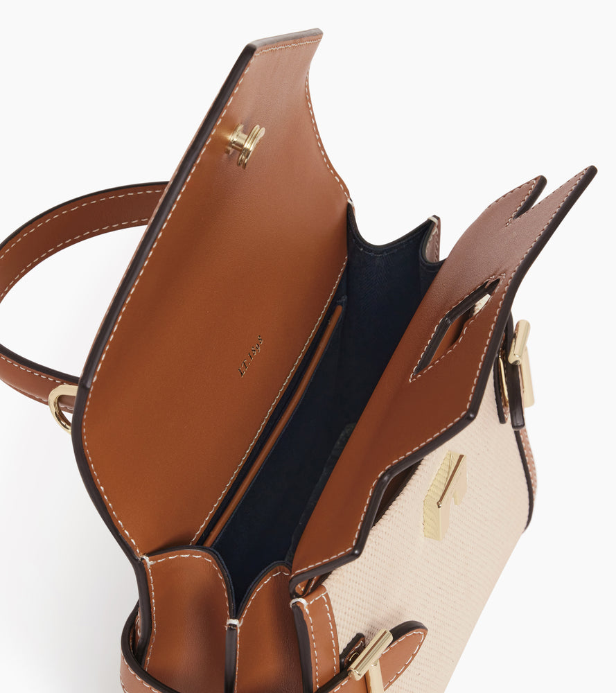 Emilie small handbag in natural canvas and smooth leather with double flap